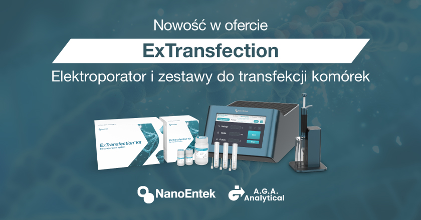 Nowość w ofercie A.G.A. Analytical: ExTransfection – elektroporator i zestawy do transfekcji komórek. Na grafice widoczne urządzenie i kity.